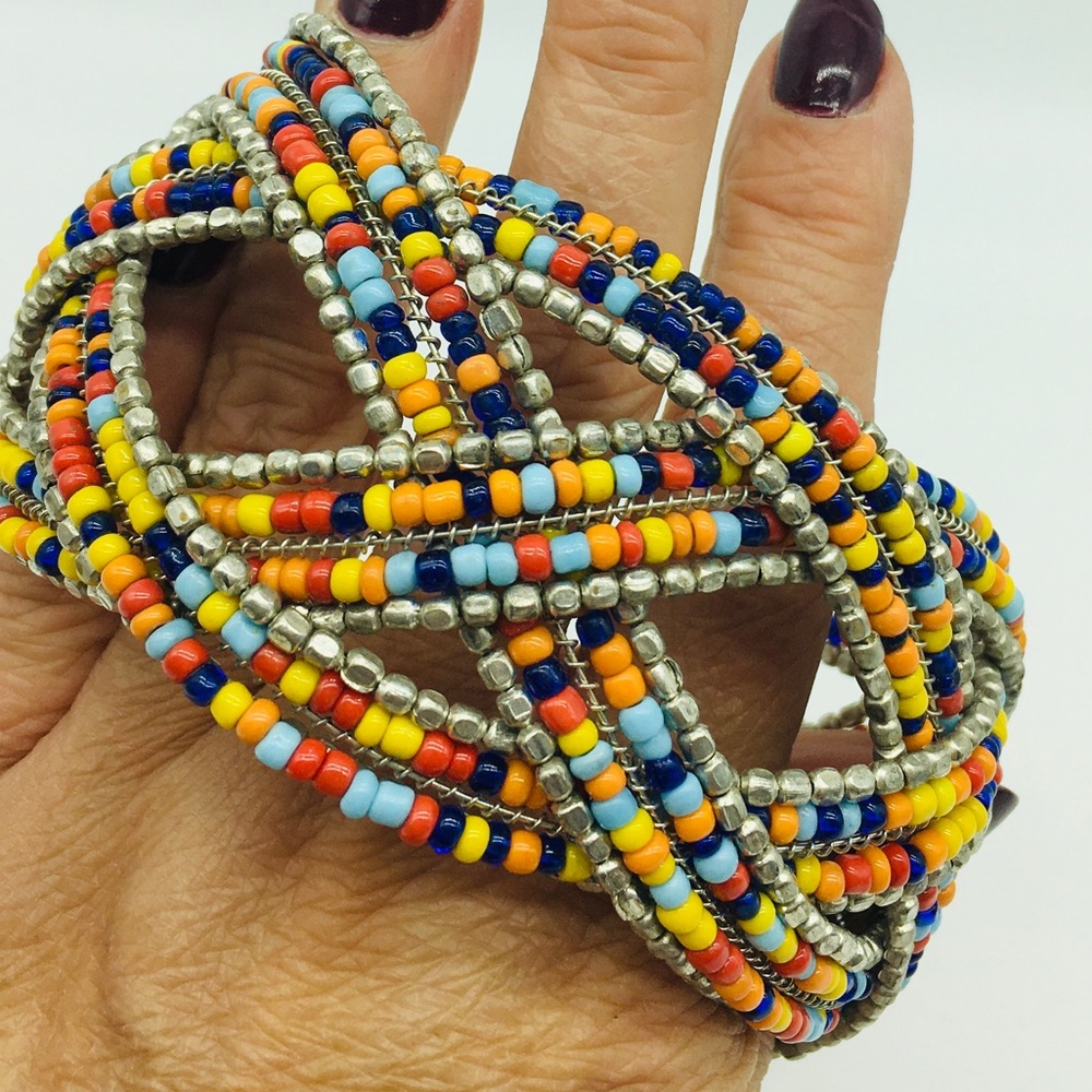 Seed Bead Stretch Wire Thick Cuff Statement Brace… - image 1